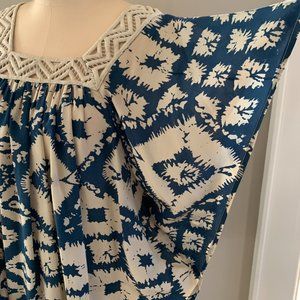Love Sam teal/beige batik printed crochet square neck blouse